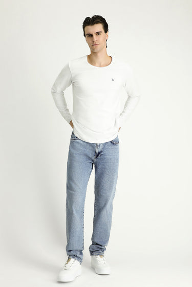  Beyaz Bisiklet Yaka Slim Fit Dar Kesim Pamuklu Sweatshirt