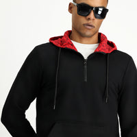 Black Hooded Regular Fit Zip-Up Cotton Sweatshirt with Edirne Red Print