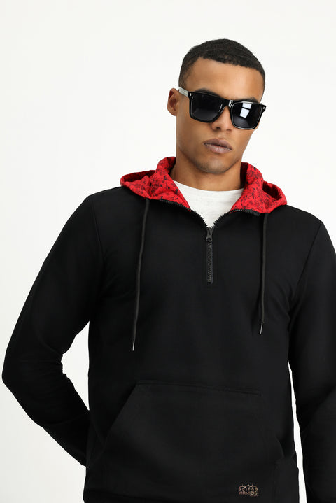 Black Hooded Regular Fit Zip-Up Cotton Sweatshirt with Edirne Red Print