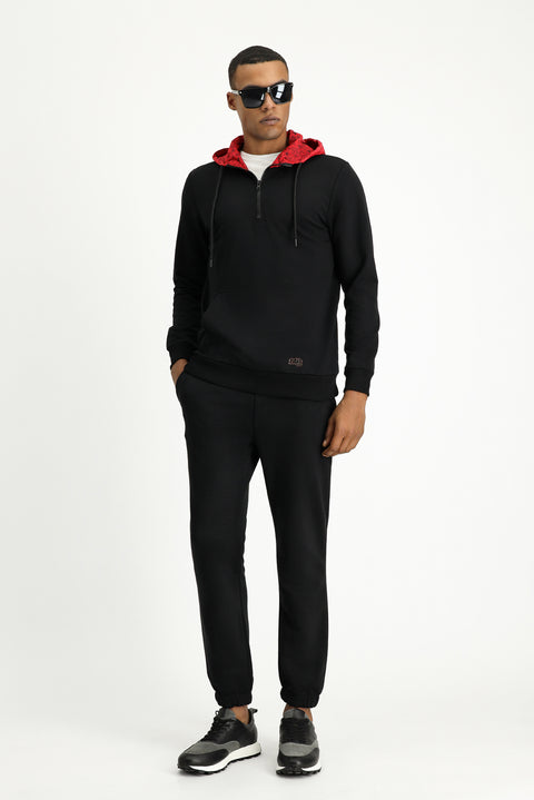 Black Hooded Regular Fit Zip-Up Cotton Sweatshirt with Edirne Red Print