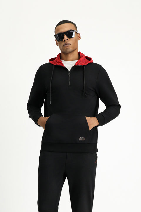 Black Hooded Regular Fit Zip-Up Cotton Sweatshirt with Edirne Red Print