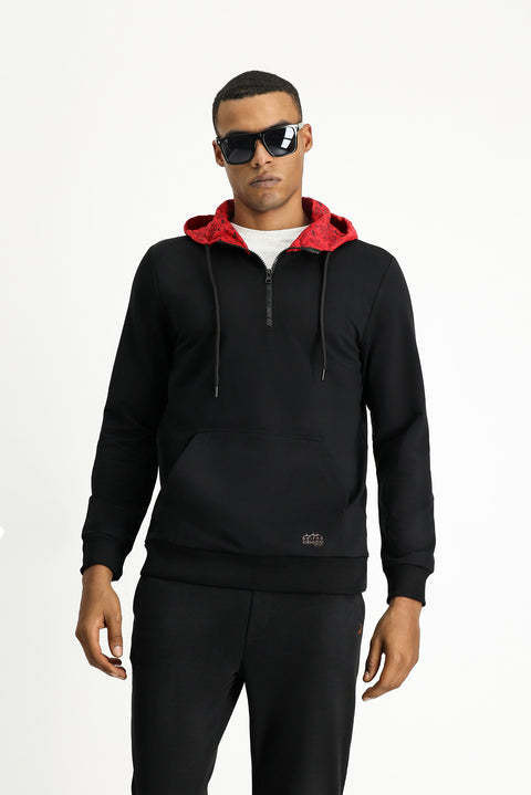 Black Hooded Regular Fit Zip-Up Cotton Sweatshirt with Edirne Red Print