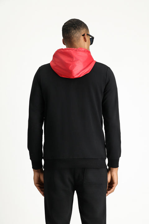 Black Hooded Regular Fit Zip-Up Cotton Sweatshirt with Edirne Red Print