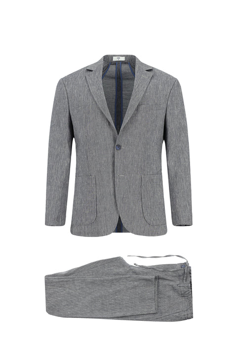 Orta Lacivert 7 Drop Super Slim Fit Eksra Dar Kesim Keten Karışımlı Beli Lastikli İpli Takım Elbise