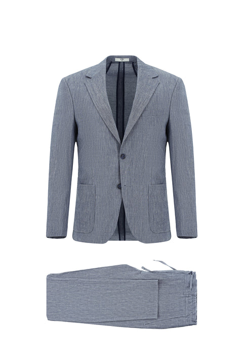 Koyu Mavi  7 Drop Slim Fit Dar Kesim Keten Karışımlı Beli Lastikli İpli Takım Elbise