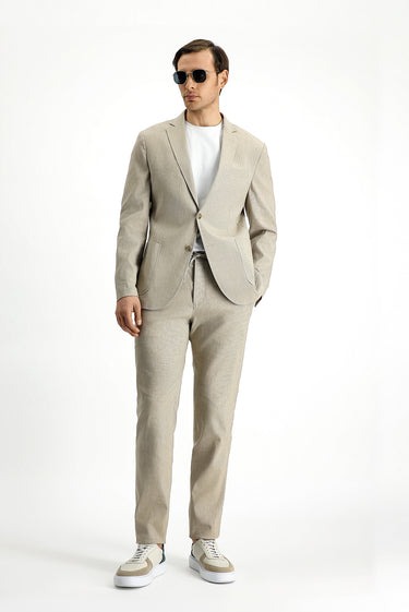  Açık Bej Super Slim Fit Ekstra Dar Kesim Keten Karışımlı Beli Lastikli İpli Takım Elbise