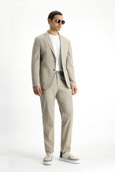  Açık Bej Super Slim Fit Ekstra Dar Kesim Keten Karışımlı Beli Lastikli İpli Takım Elbise