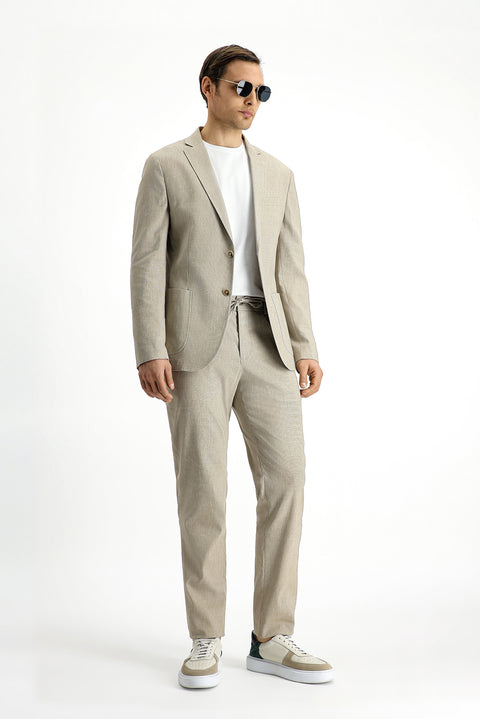 Açık Bej 7 Drop Super Slim Fit Eksra Dar Kesim Keten Karışımlı Beli Lastikli İpli Takım Elbise