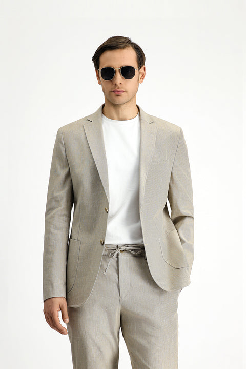 Açık Bej 7 Drop Slim Fit Dar Kesim Keten Karışımlı Beli Lastikli İpli Takım Elbise
