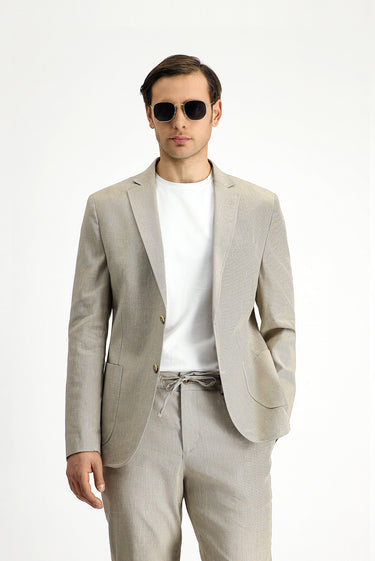 Açık Bej Slim Fit Dar Kesim Keten Karışımlı Beli Lastikli İpli Takım Elbise