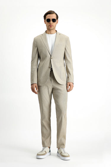  Açık Bej Super Slim Fit Ekstra Dar Kesim Keten Karışımlı Beli Lastikli İpli Takım Elbise