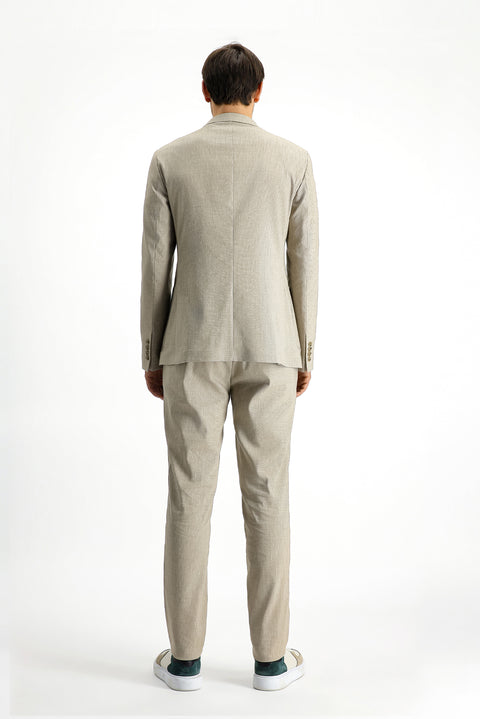 Açık Bej 7 Drop Super Slim Fit Eksra Dar Kesim Keten Karışımlı Beli Lastikli İpli Takım Elbise