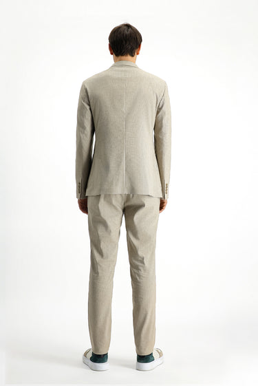 Açık Bej 7 Drop Slim Fit Dar Kesim Keten Karışımlı Beli Lastikli İpli Takım Elbise