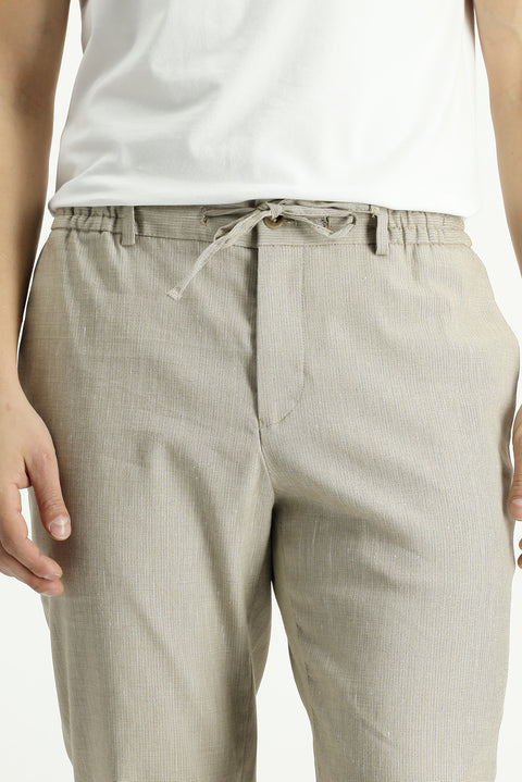 Açık Bej 7 Drop Super Slim Fit Eksra Dar Kesim Keten Karışımlı Beli Lastikli İpli Takım Elbise