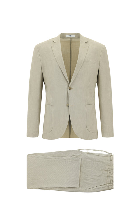 Açık Bej 7 Drop Super Slim Fit Eksra Dar Kesim Keten Karışımlı Beli Lastikli İpli Takım Elbise