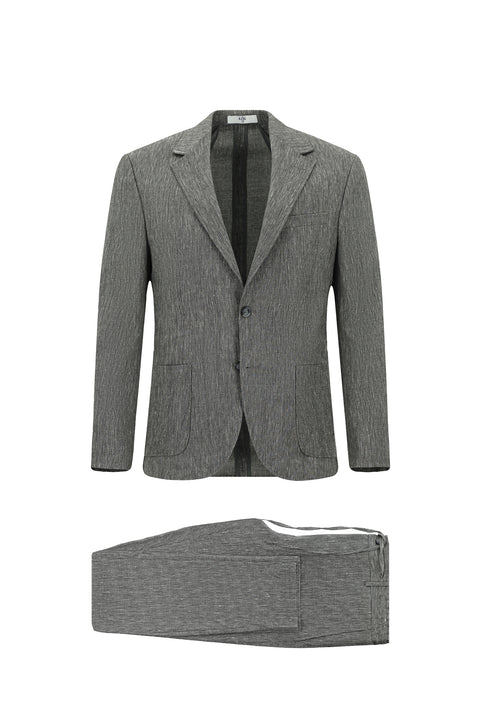 Koyu Antrasit 7 Drop Slim Fit Dar Kesim Keten Karışımlı Beli Lastikli İpli Takım Elbise