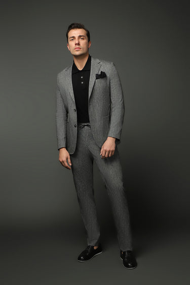  Koyu Antrasit Slim Fit Dar Kesim Keten Karışımlı Beli Lastikli İpli Takım Elbise