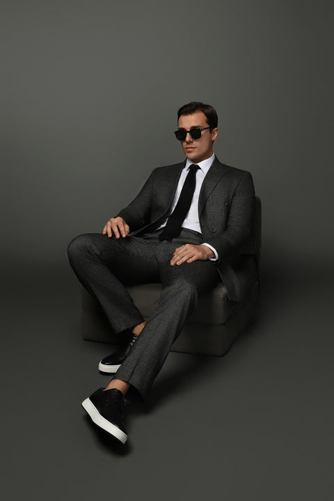 Siyah 7 Drop Slim Fit Dar Kesim Keten Karışımlı Kruvaze Takım Elbise