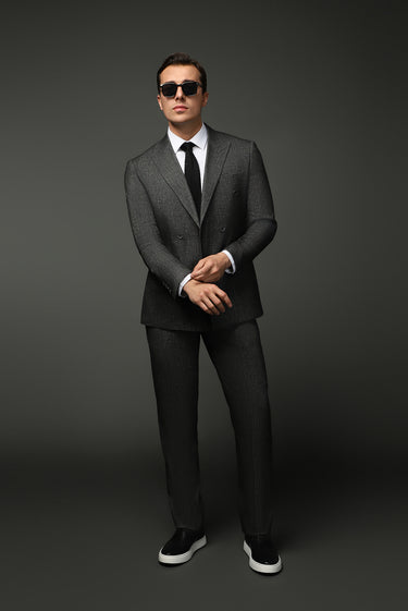  Siyah Slim Fit Dar Kesim Keten Karışımlı Kruvaze Takım Elbise