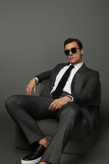  Siyah Slim Fit Dar Kesim Keten Karışımlı Kruvaze Takım Elbise