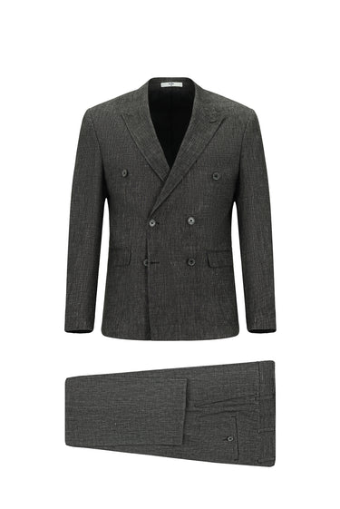 Siyah Slim Fit Dar Kesim Keten Karışımlı Kruvaze Takım Elbise