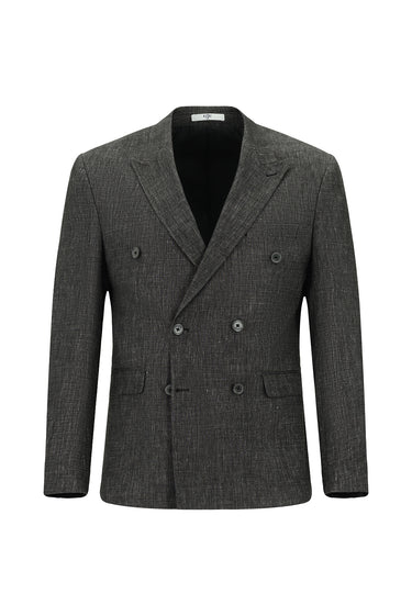 Siyah Slim Fit Dar Kesim Keten Karışımlı Kruvaze Takım Elbise