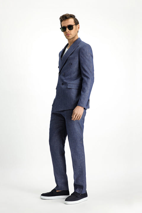 Açık Lacivert 7 Drop Slim Fit Dar Kesim Keten Karışımlı Sivri Yaka Kruvaze Takım Elbise
