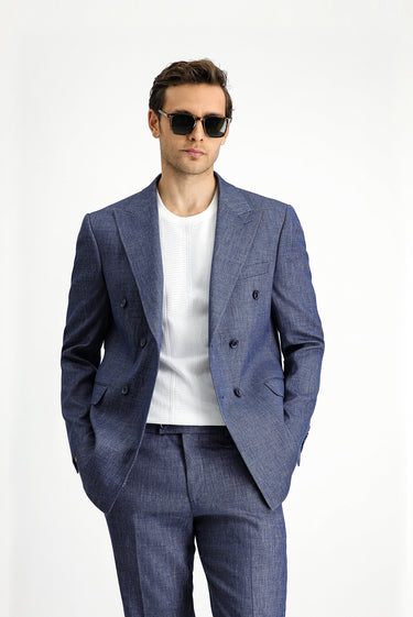 Açık Lacivert Slim Fit Dar Kesim Keten Karışımlı Kruvaze Takım Elbise
