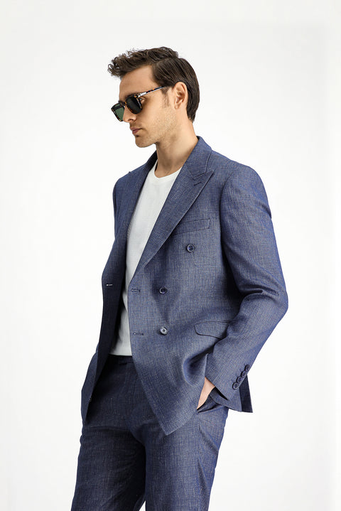 Açık Lacivert 7 Drop Slim Fit Dar Kesim Keten Karışımlı Sivri Yaka Kruvaze Takım Elbise