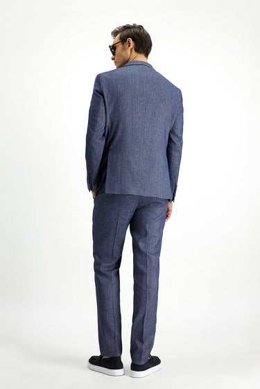Açık Lacivert Slim Fit Dar Kesim Keten Karışımlı Kruvaze Takım Elbise