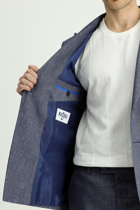 Açık Lacivert 7 Drop Slim Fit Dar Kesim Keten Karışımlı Sivri Yaka Kruvaze Takım Elbise
