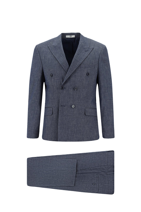 Açık Lacivert 7 Drop Slim Fit Dar Kesim Keten Karışımlı Sivri Yaka Kruvaze Takım Elbise