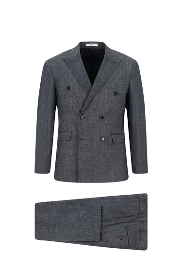 Koyu Lacivert Slim Fit Dar Kesim Keten Karışımlı Kruvaze Takım Elbise