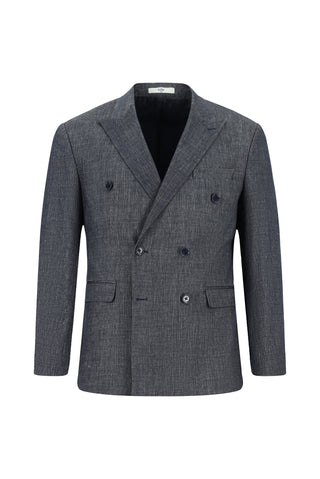  Koyu Lacivert 7 Drop Slim Fit Dar Kesim Keten Karışımlı Kruvaze Takım Elbise