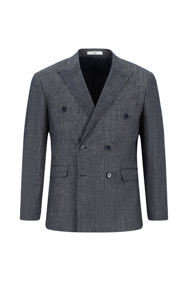 Koyu Lacivert Slim Fit Dar Kesim Keten Karışımlı Kruvaze Takım Elbise