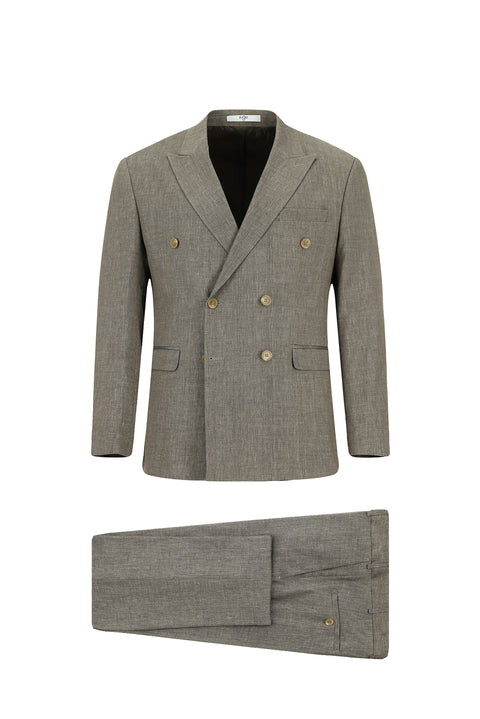 Açık Kahve  7 Drop Slim Fit Dar Kesim Keten Karışımlı Kruvaze Takım Elbise