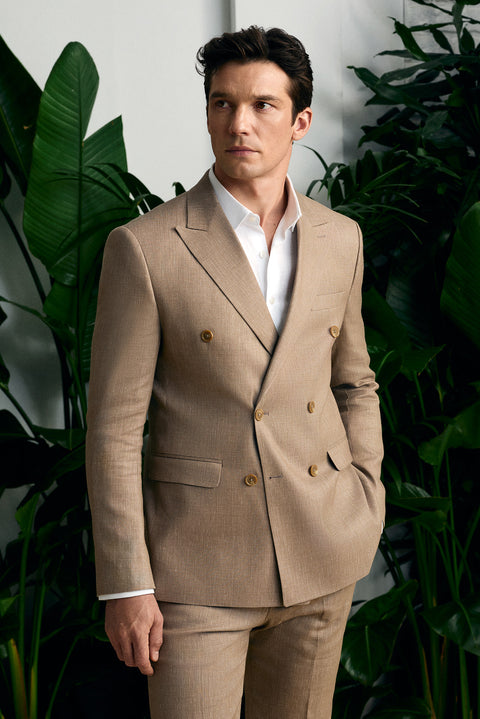 Orta Vizon 7 Drop Slim Fit Dar Kesim Keten Karışımlı Sivri Yaka Kruvaze Takım Elbise