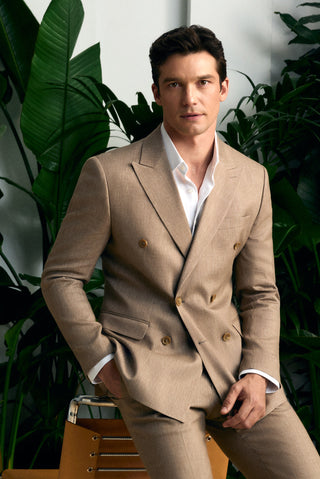  Orta Vizon 7 Drop Slim Fit Dar Kesim Keten Karışımlı Sivri Yaka Kruvaze Takım Elbise