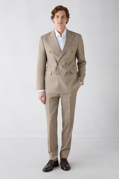 Orta Vizon 7 Drop Slim Fit Dar Kesim Keten Karışımlı Sivri Yaka Kruvaze Takım Elbise