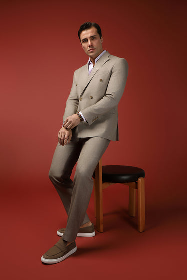  Orta Vizon Slim Fit Dar Kesim Keten Karışımlı Kruvaze Takım Elbise