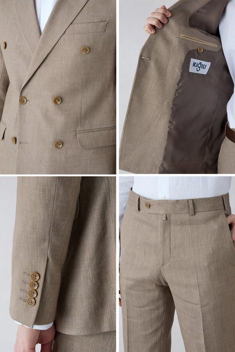Orta Vizon 7 Drop Slim Fit Dar Kesim Keten Karışımlı Sivri Yaka Kruvaze Takım Elbise