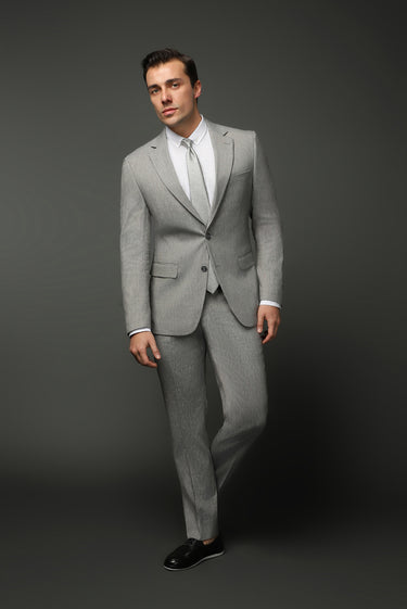 Orta Gri Slim Fit Dar Kesim Keten Karışımlı Takım Elbise