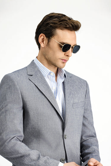 Orta Füme Slim Fit Dar Kesim Keten Karışımlı Takım Elbise