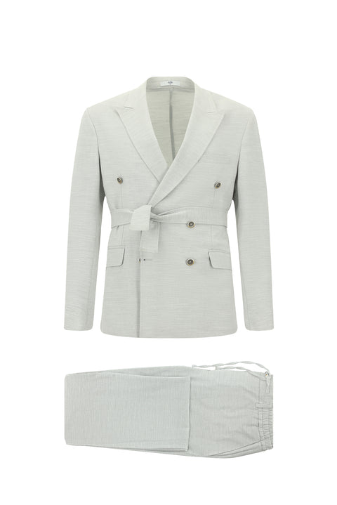 Açık Gri 6 Drop Regular Fit Standart Kesim Keten Karışımlı Beli Lastikli İpli Kuşaklı Kruvaze Takım Elbise