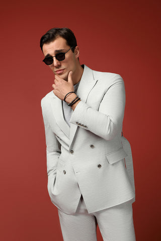  Açık Gri Regular Fit Keten Karışımlı Beli Lastikli İpli Kuşaklı Kruvaze Takım Elbise