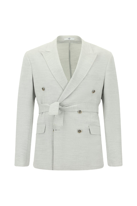 Açık Gri 6 Drop Regular Fit Standart Kesim Keten Karışımlı Beli Lastikli İpli Kuşaklı Kruvaze Takım Elbise