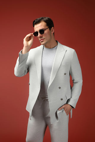  Açık Gri Regular Fit Keten Karışımlı Beli Lastikli İpli Kuşaklı Kruvaze Takım Elbise