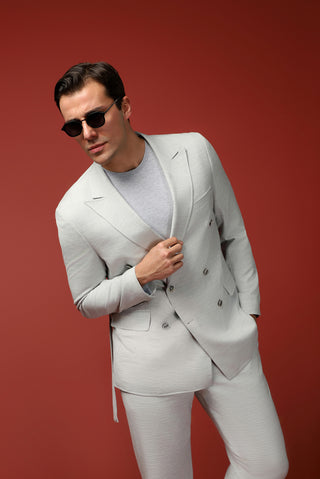  Açık Gri Regular Fit Keten Karışımlı Beli Lastikli İpli Kuşaklı Kruvaze Takım Elbise