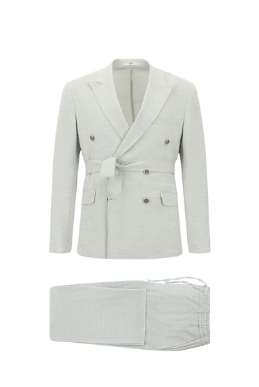 Açık Gri 6 Drop Regular Fit Standart Kesim Keten Karışımlı Beli Lastikli İpli Kuşaklı Kruvaze Takım Elbise