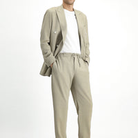 Medium Beige 6 Drop Regular Fit Linen Blend Elasticated Waist Drawstring Belted Double-Breasted Suit